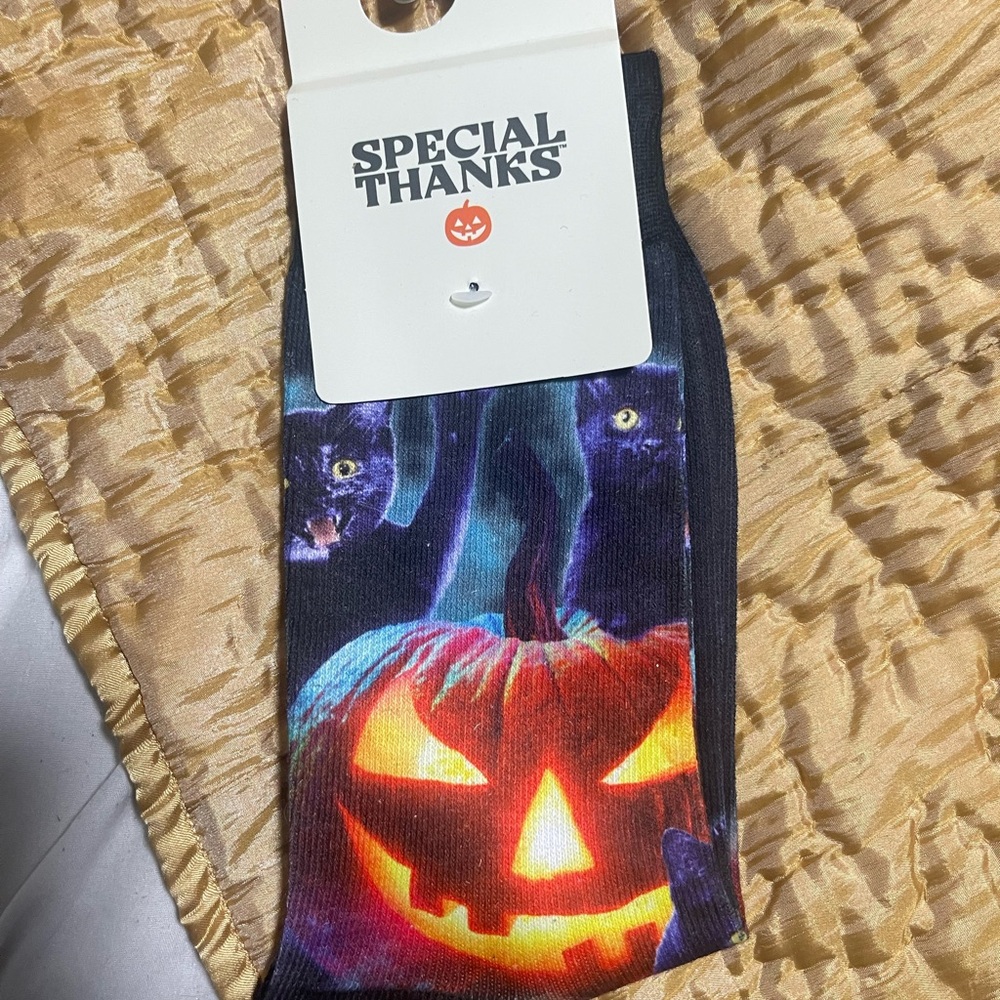 Halloween Pumpkin and crazy black Cat Socks